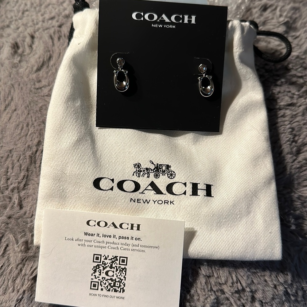 Silver Coach Post Earrings - Dangling “C” - pretty and petite - new/ gift bag